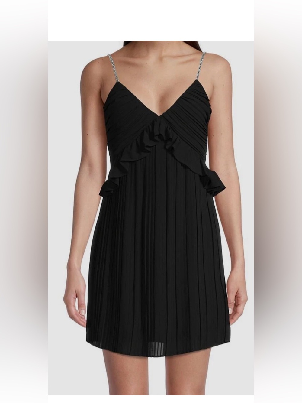 Michael Kors Black Pleated Ruffle V-Neck Mini Dress with Chain Straps